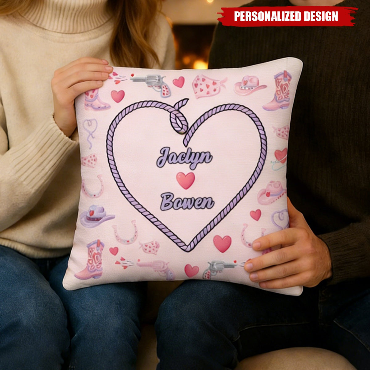 Personalized Cowgirl Heart Couple Pillow — Custom Name Valentine’s Decor