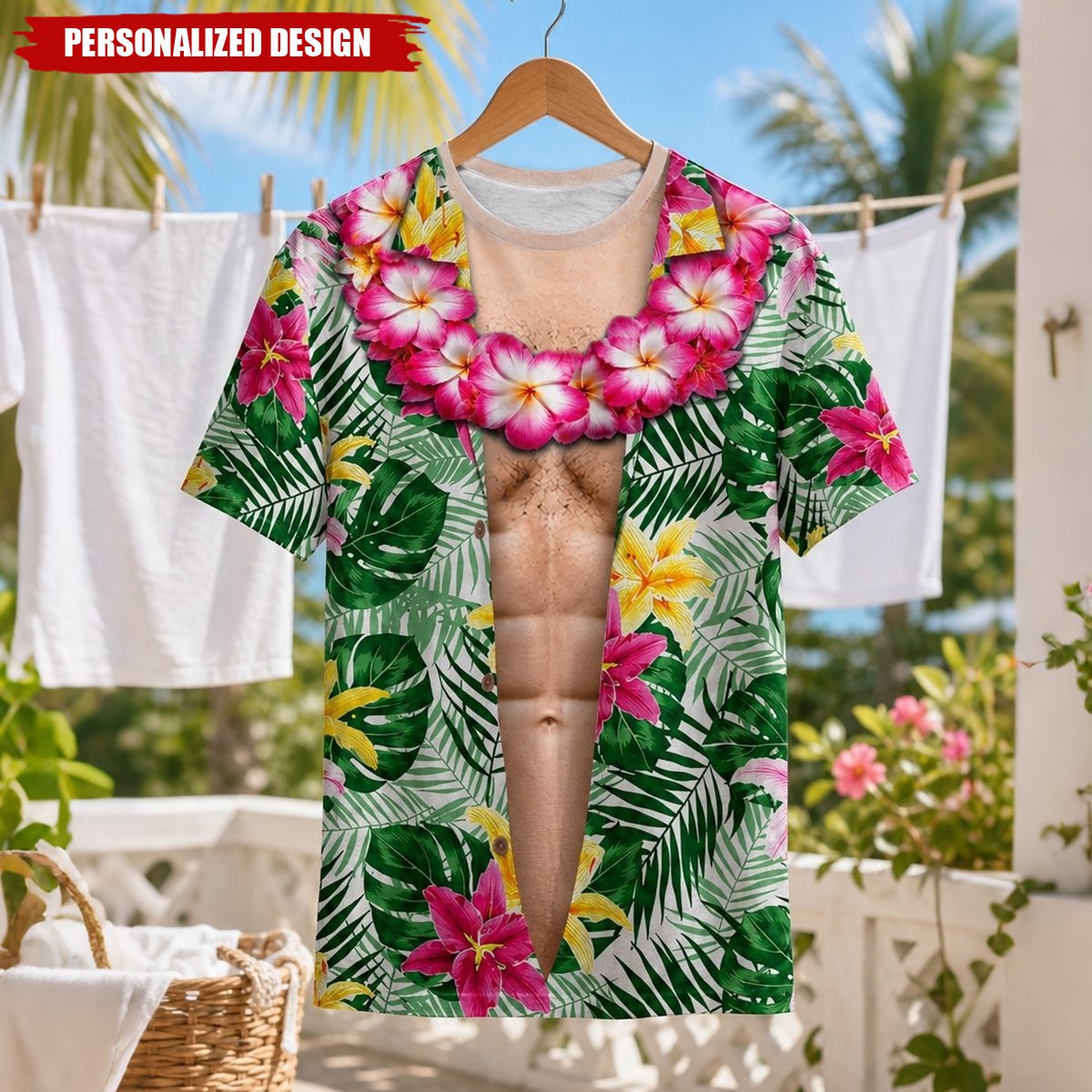 Personalized Optical Illusion Open Hawaiian Floral Shirt & Muscular Abs Men’s T-Shirt