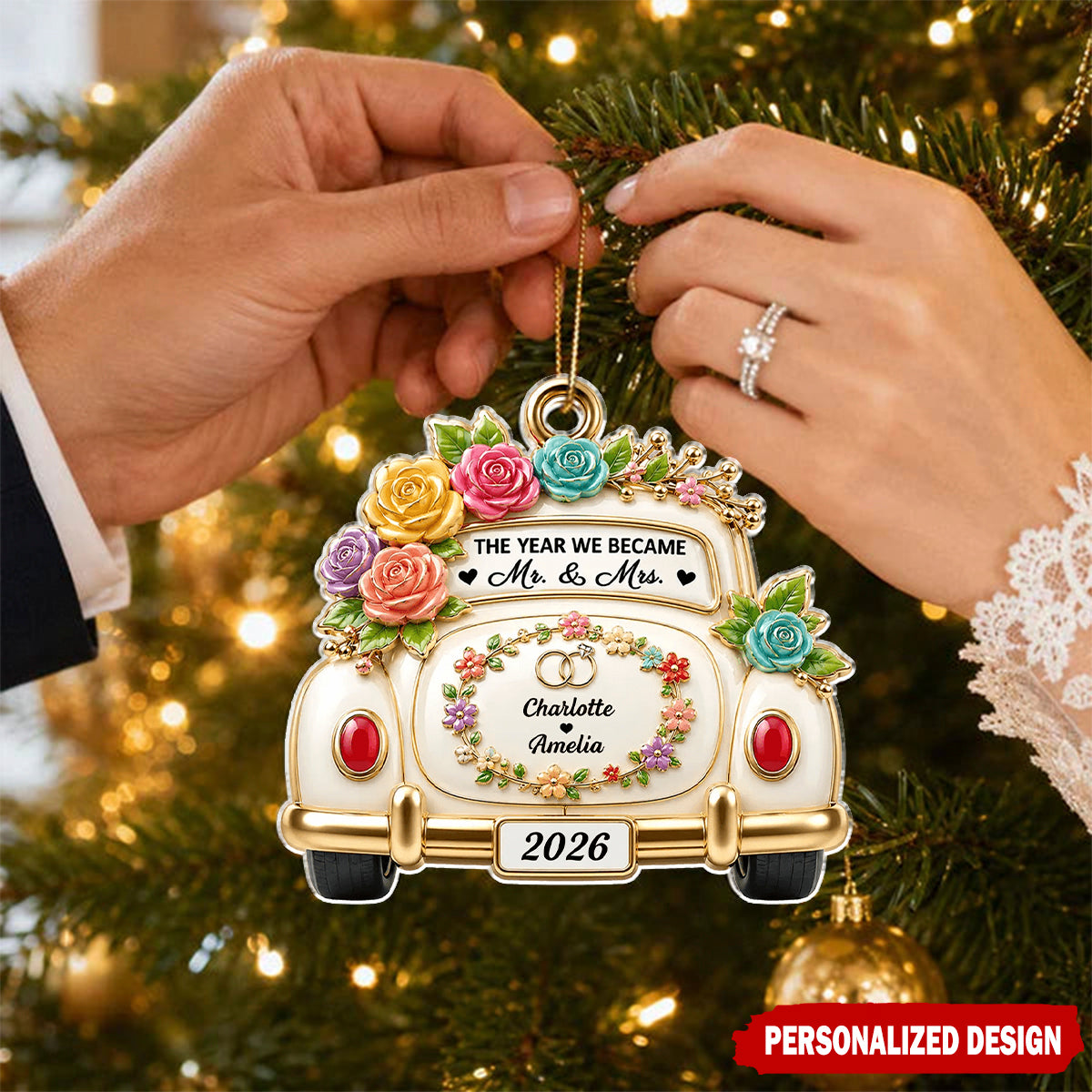 Personalized Multicolor Rose Vintage Wedding Car Flat Acrylic Ornament