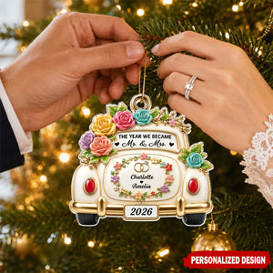 Personalized Multicolor Rose Vintage Wedding Car Flat Acrylic Ornament