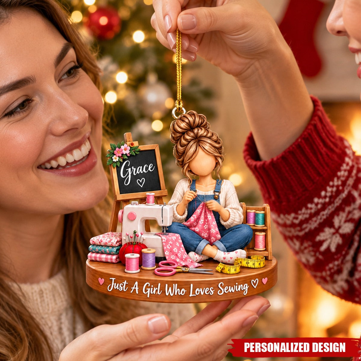 Personalized Sewing Girl Acrylic Christmas Ornament - Custom Name Gift for Sewing Lovers