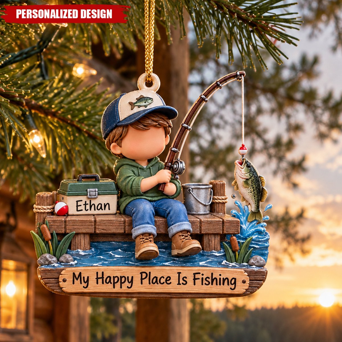 Personalized Fishing Boy Acrylic Christmas Ornament - Custom Name Fisherman Gift