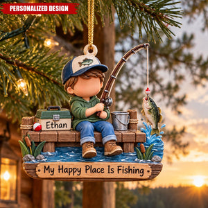 Personalized Fishing Boy Acrylic Christmas Ornament - Custom Name Fisherman Gift