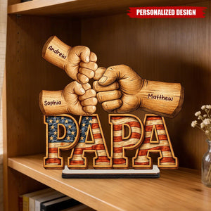 Personalized Patriotic Dad Wooden Plaque - Custom Kid Names Fist Bump Decor