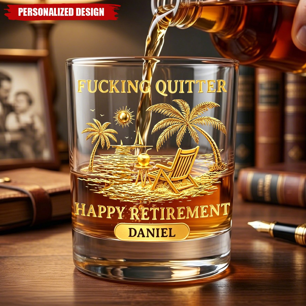 Personalized Name "Happy Retirement" Whiskey Glass - Gold Beach Scene