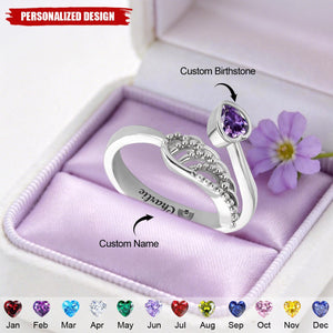 Personalized Wing And Heart Birthstone Ring - Remembering Loved One & Pet