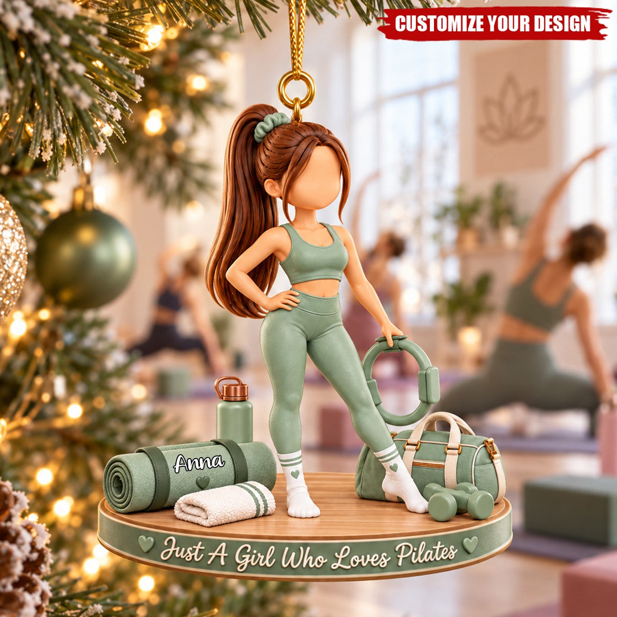 Personalized Pilates Lover Girl Acrylic Christmas Ornament - Custom Name Pilates Enthusiast Keepsake