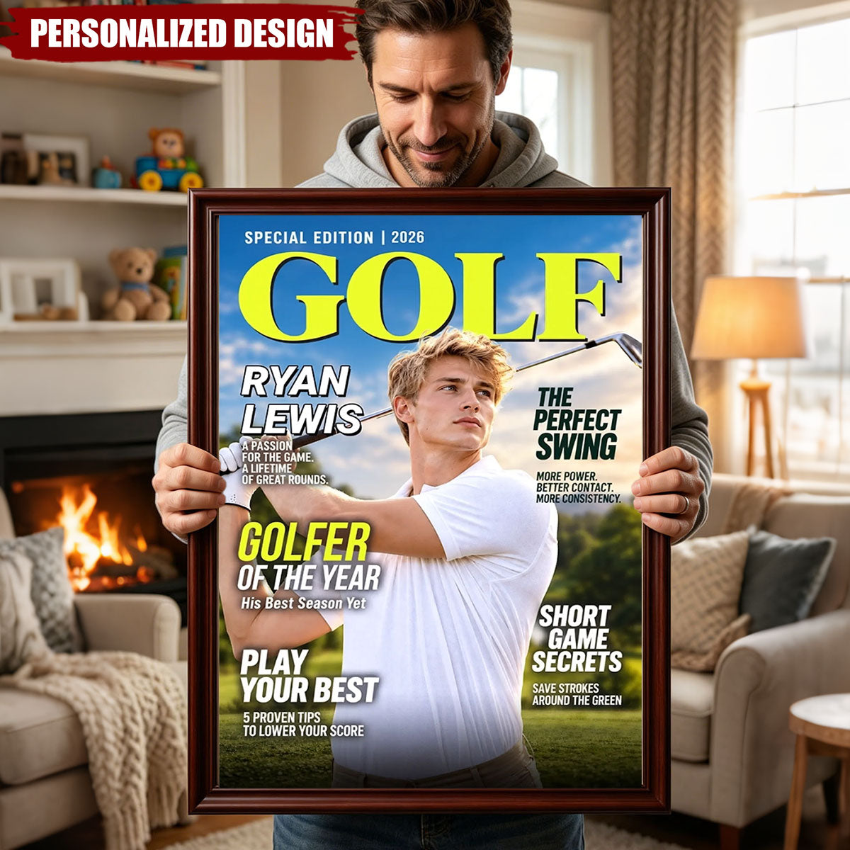 Personalized Golf Magazine Cover Poster - Custom Golfer Photo Wall Art Gift for Golf Lovers