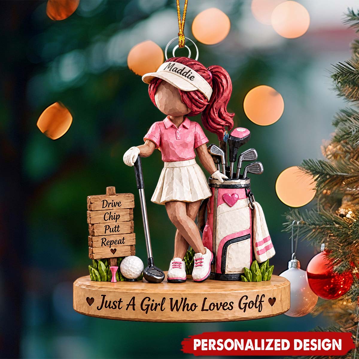 Custom Name Golf Girl Acrylic Ornament - Golfer Christmas Tree Decoration Gift