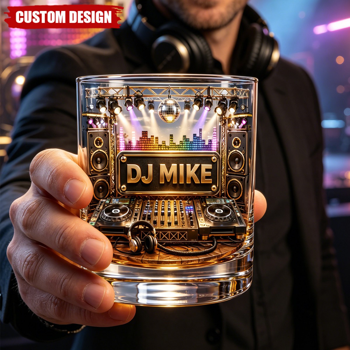Custom DJ Name Stage Turntable Whiskey Glass - Personalized DJ Rocks Glass Gift