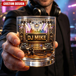 Custom DJ Name Stage Turntable Whiskey Glass - Personalized DJ Rocks Glass Gift