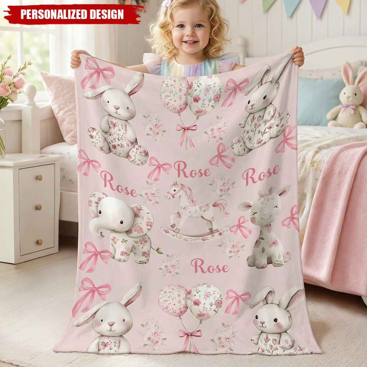 Personalized Pink Floral Baby Blanket - Custom Name Cute Animal Print for Girls