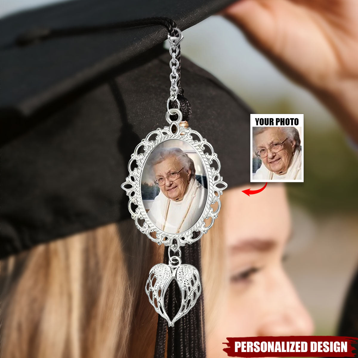 Personalized Graduation Tassel Photo Charm with Angel Wings