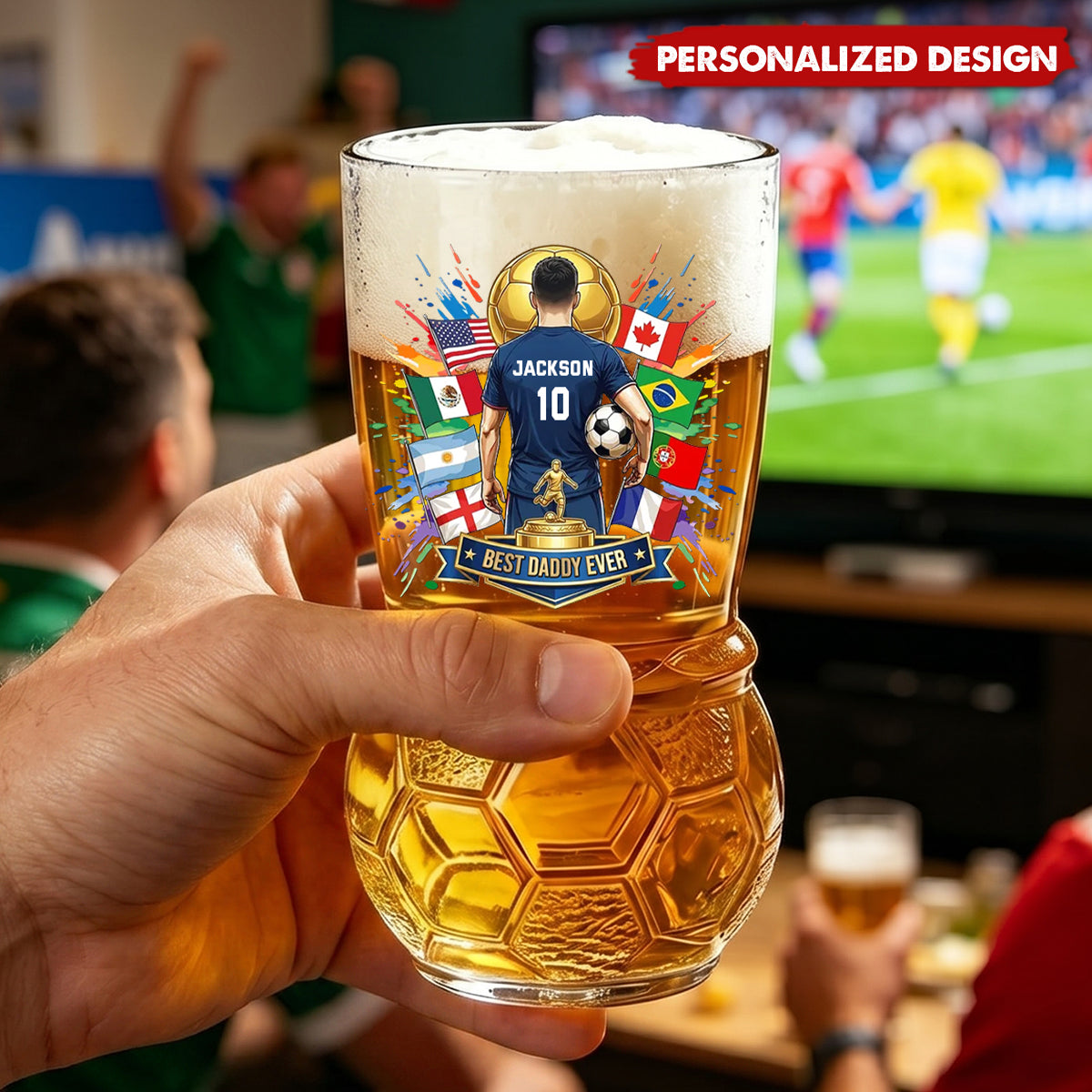 Personalized Best Dad Ever Soccer Beer Glass - Custom Name Number