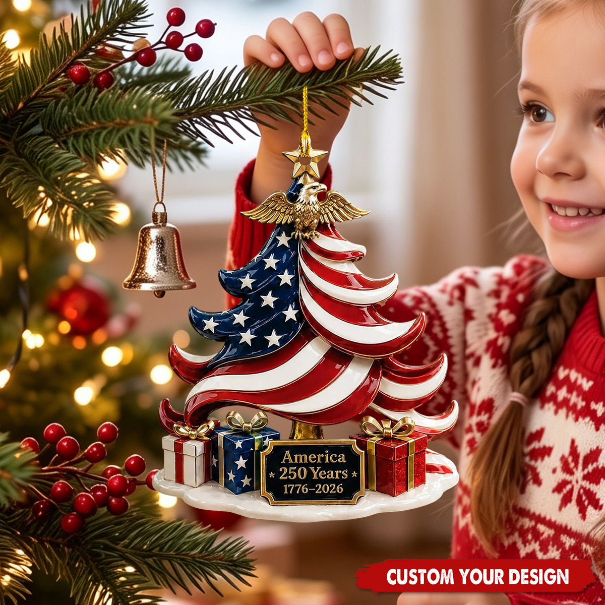 Custom Text US Flag Christmas Tree Ornament, America 250th Anniversary Acrylic Hanging Decor