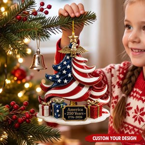 Custom Text US Flag Christmas Tree Ornament, America 250th Anniversary Acrylic Hanging Decor