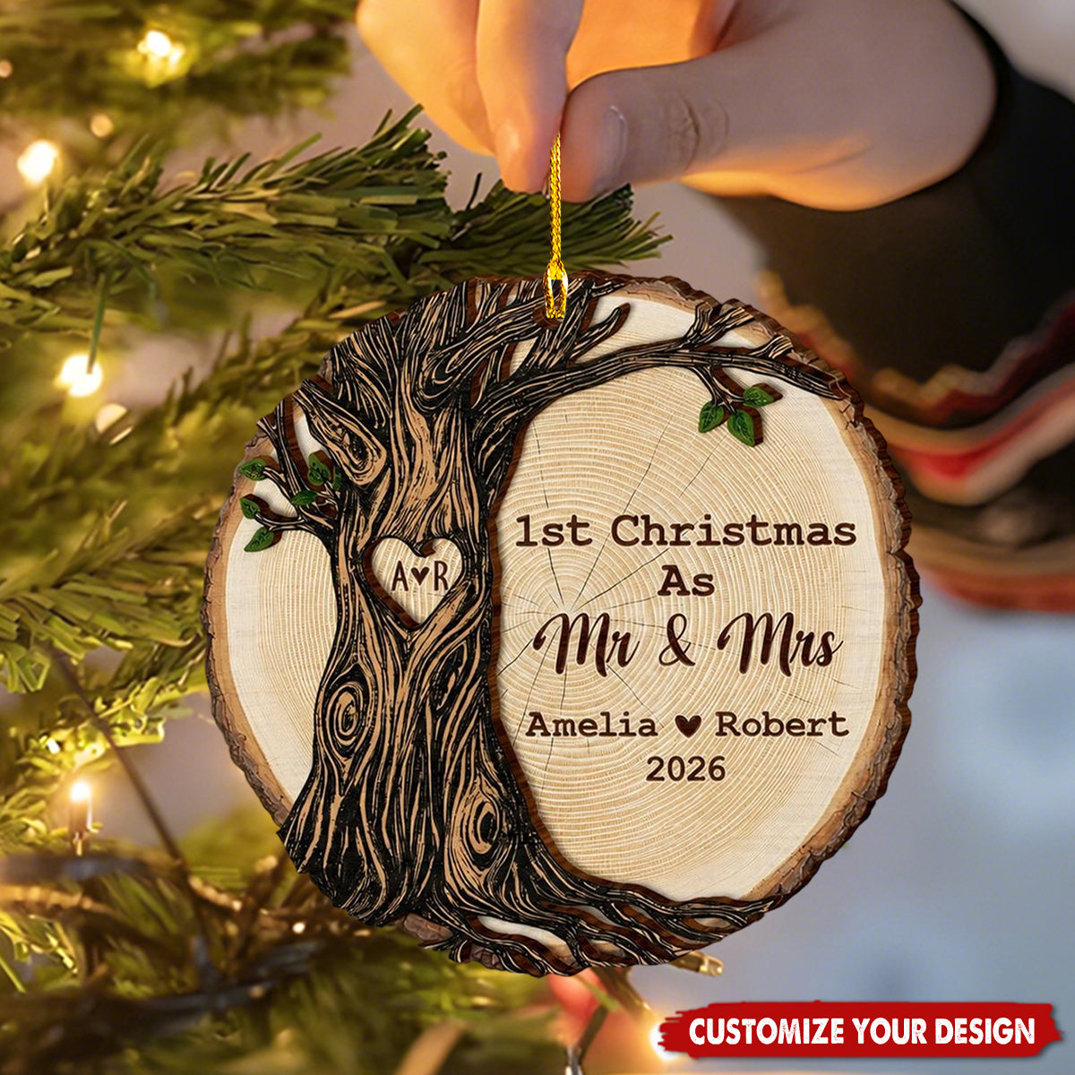 Personalized Wooden Tree Slice Ornament 1st Christmas As Mr & Mrs Custom Couple Names Year Xmas Decor