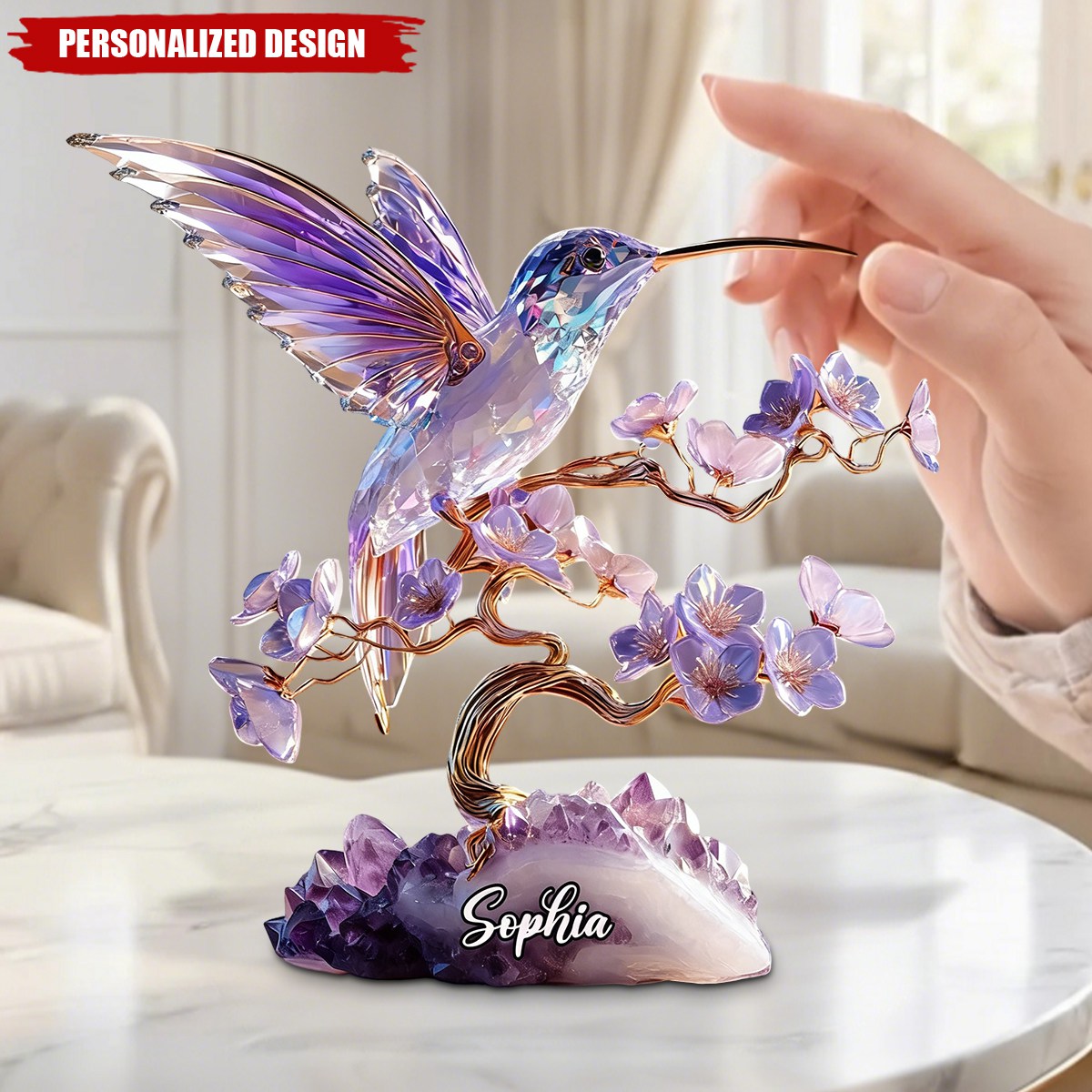 Personalized Amethyst Styled Hummingbird Plaque - Nature Inspired Keepsake Gift