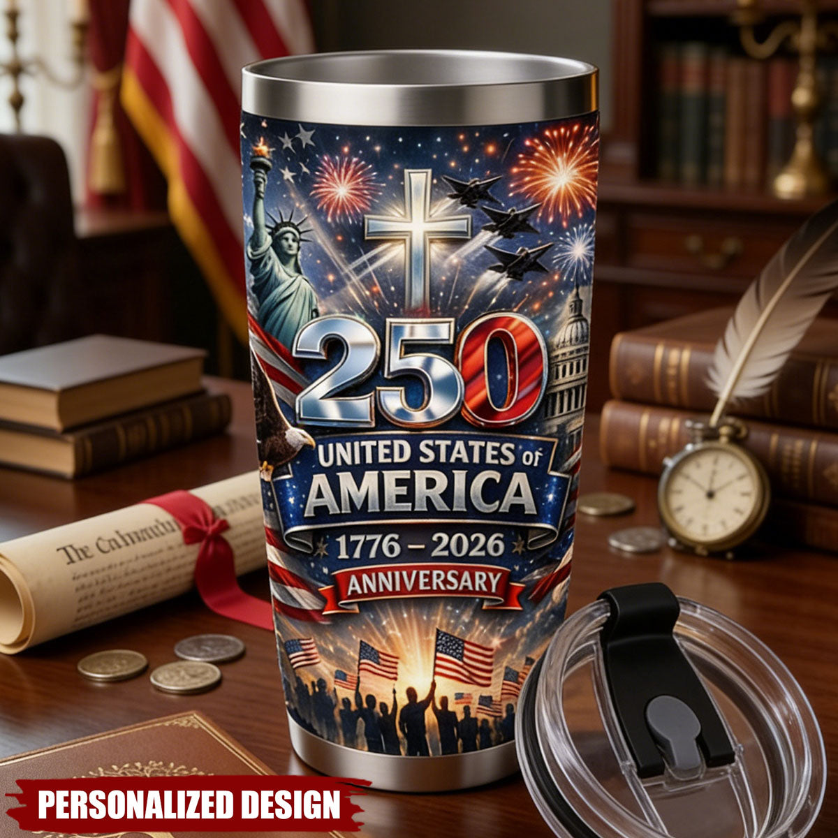 Personalized Unique USA 250 Year Freedom Custom Name Stainless Steel Tumbler