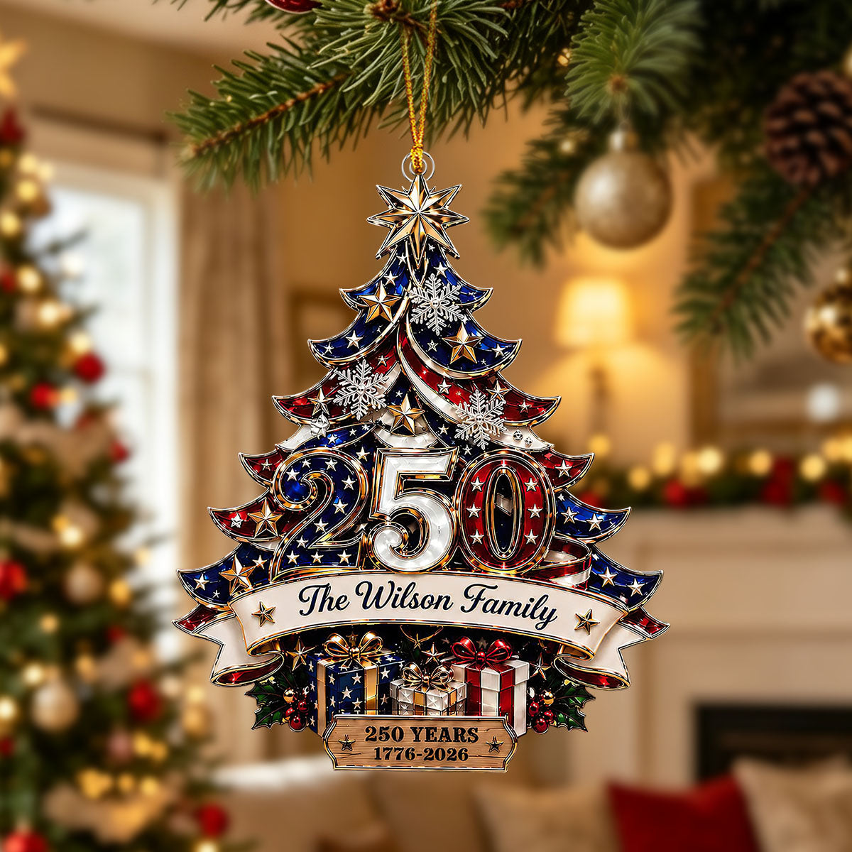 Custom Family Name USA 250th Anniversary Patriotic Christmas Tree Acrylic Ornament