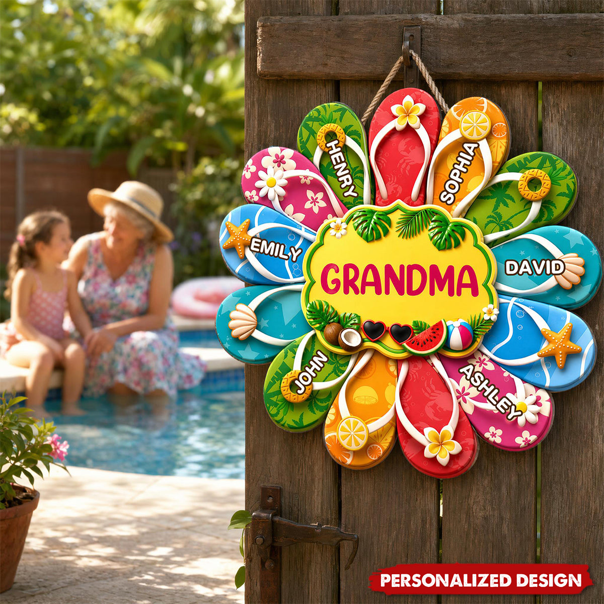 Personalized Grandma Summer Flip Flop Door Hanger - Custom Grandkids Name Tropical Wall Sign