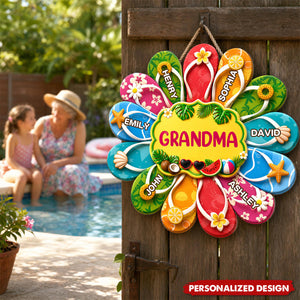 Personalized Grandma Summer Flip Flop Door Hanger - Custom Grandkids Name Tropical Wall Sign