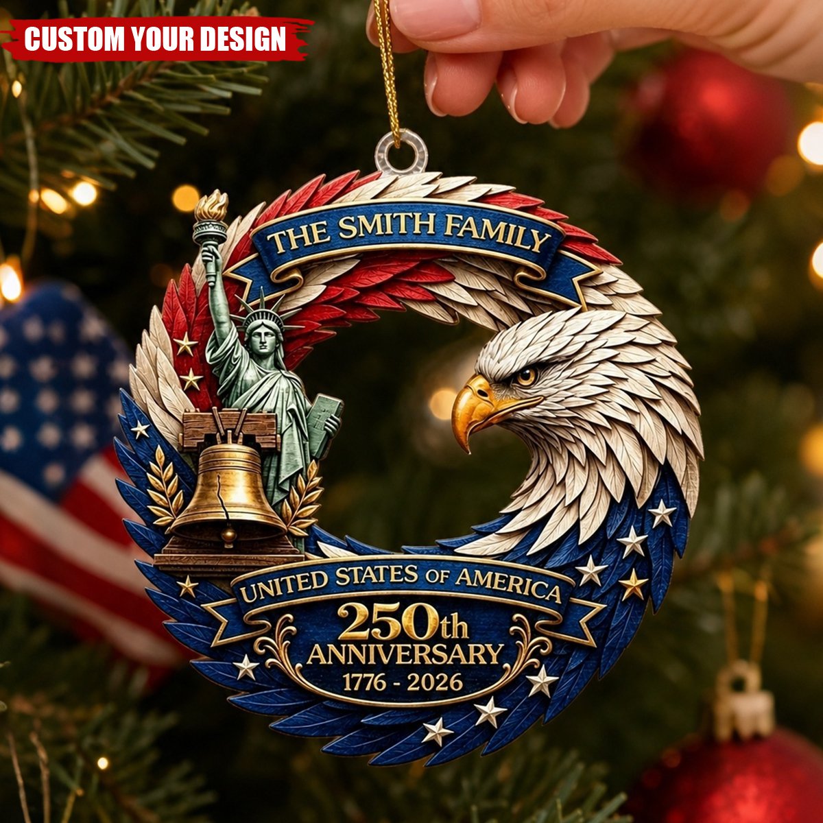 Personalized Family Name USA 250th Anniversary Patriotic Eagle Wreath Acrylic Christmas Ornament