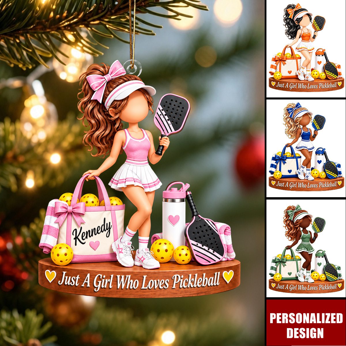 Personalized Pickleball Girl Acrylic Christmas Ornament - Custom Name Sports Keepsake Ornament