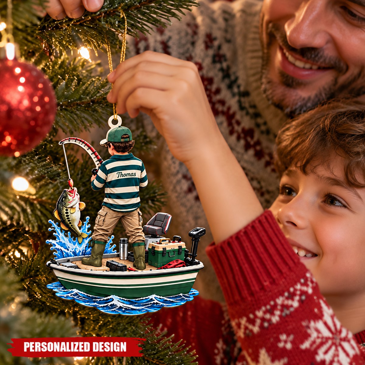 Personalized Boy Fishing On Boat Acrylic Christmas Ornament - Custom Name Fisherman Gift