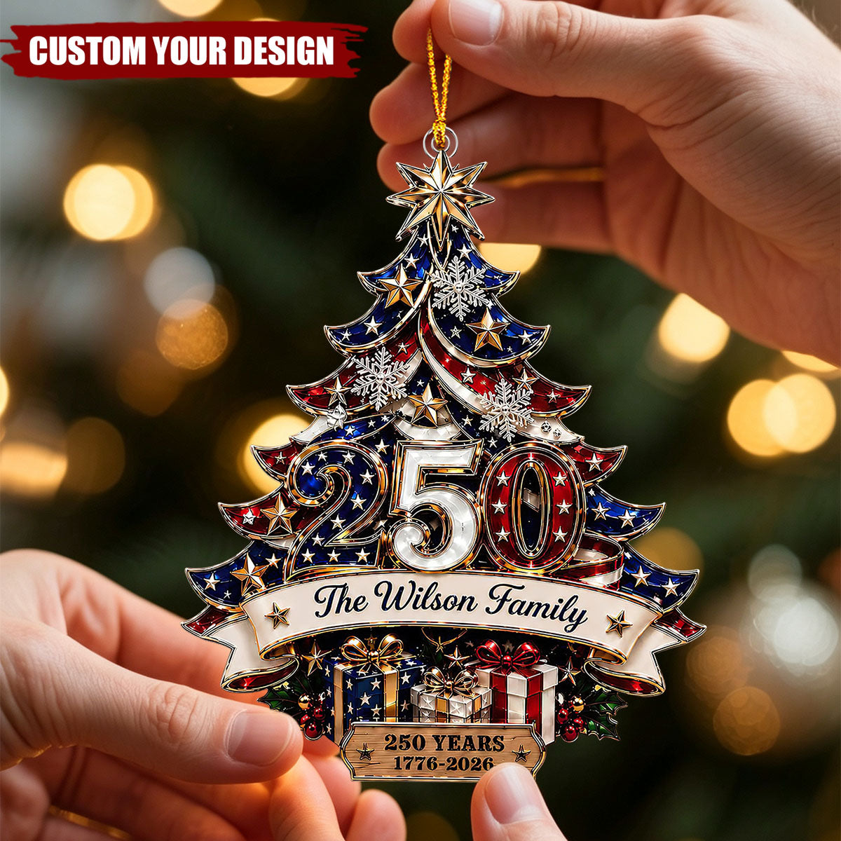 Custom Family Name USA 250th Anniversary Patriotic Christmas Tree Acrylic Ornament