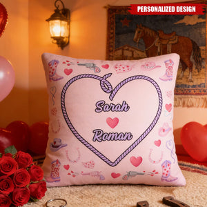 Personalized Cowgirl Heart Couple Pillow — Custom Name Valentine’s Decor