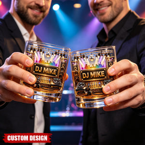 Custom DJ Name Stage Turntable Whiskey Glass - Personalized DJ Rocks Glass Gift