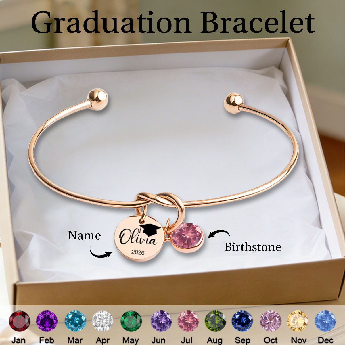 Personalized Graduation Birthstone Bracelet, Class of 2026