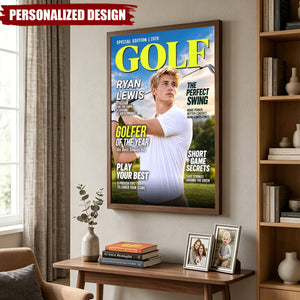 Personalized Golf Magazine Cover Poster - Custom Golfer Photo Wall Art Gift for Golf Lovers