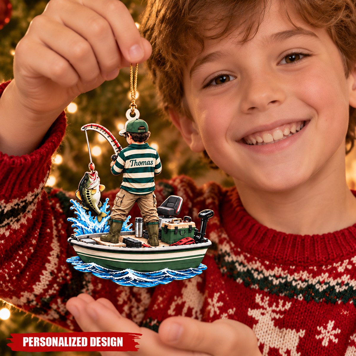 Personalized Boy Fishing On Boat Acrylic Christmas Ornament - Custom Name Fisherman Gift