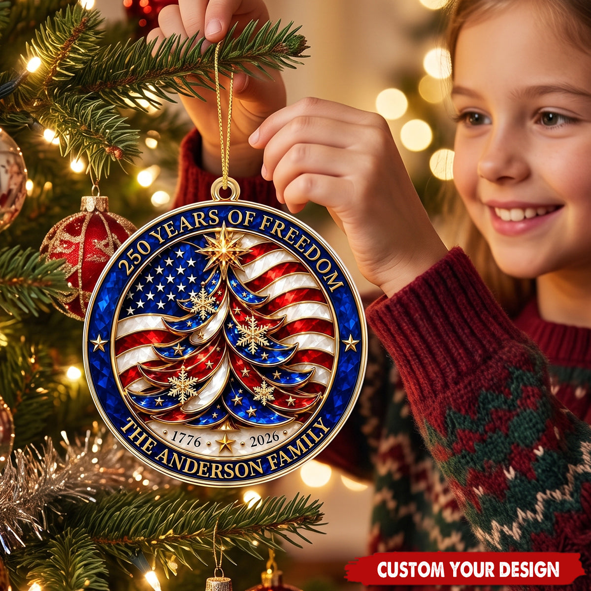 Custom Family Name 250 Years - Patriotic Round Christmas Ornament