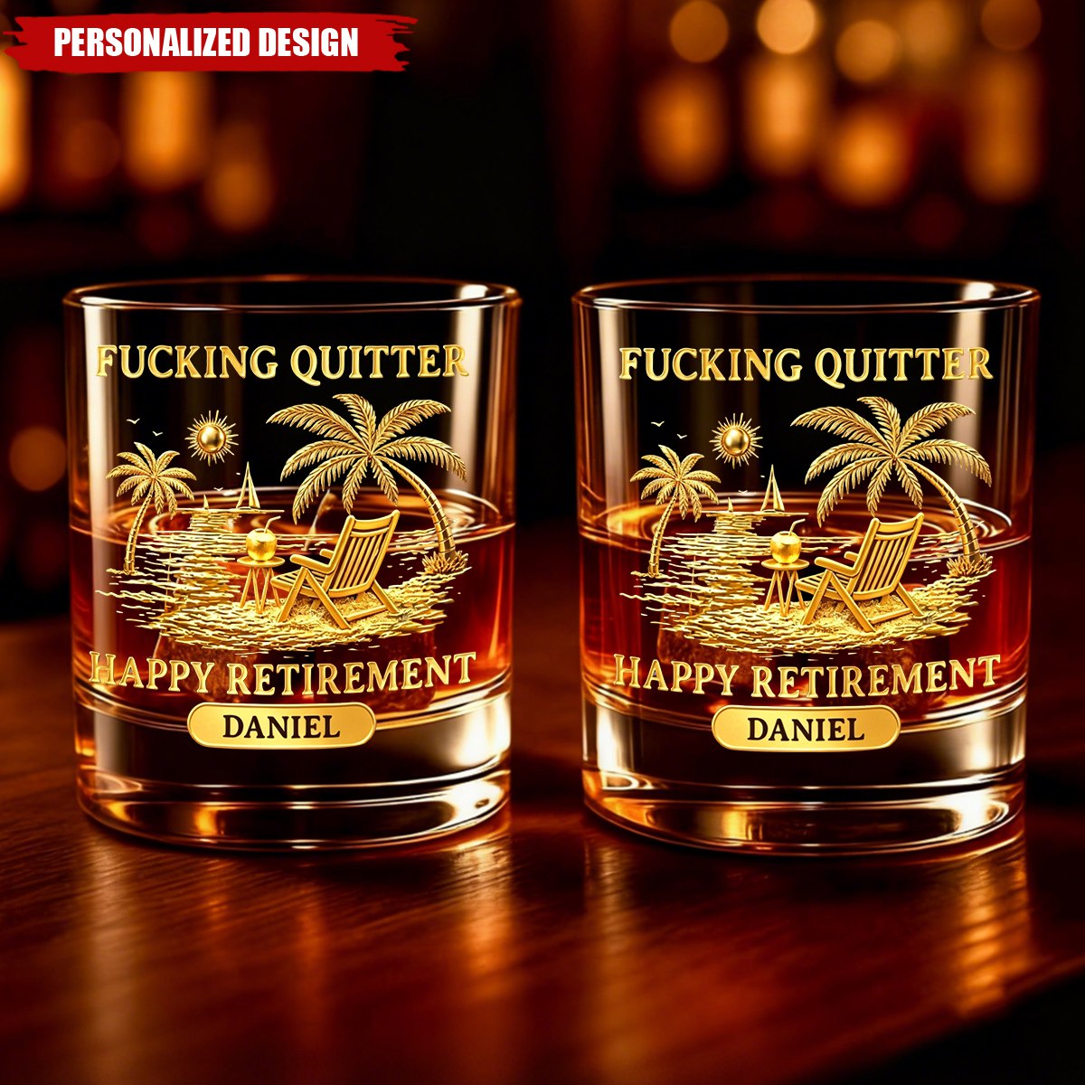 Personalized Name "Happy Retirement" Whiskey Glass - Gold Beach Scene