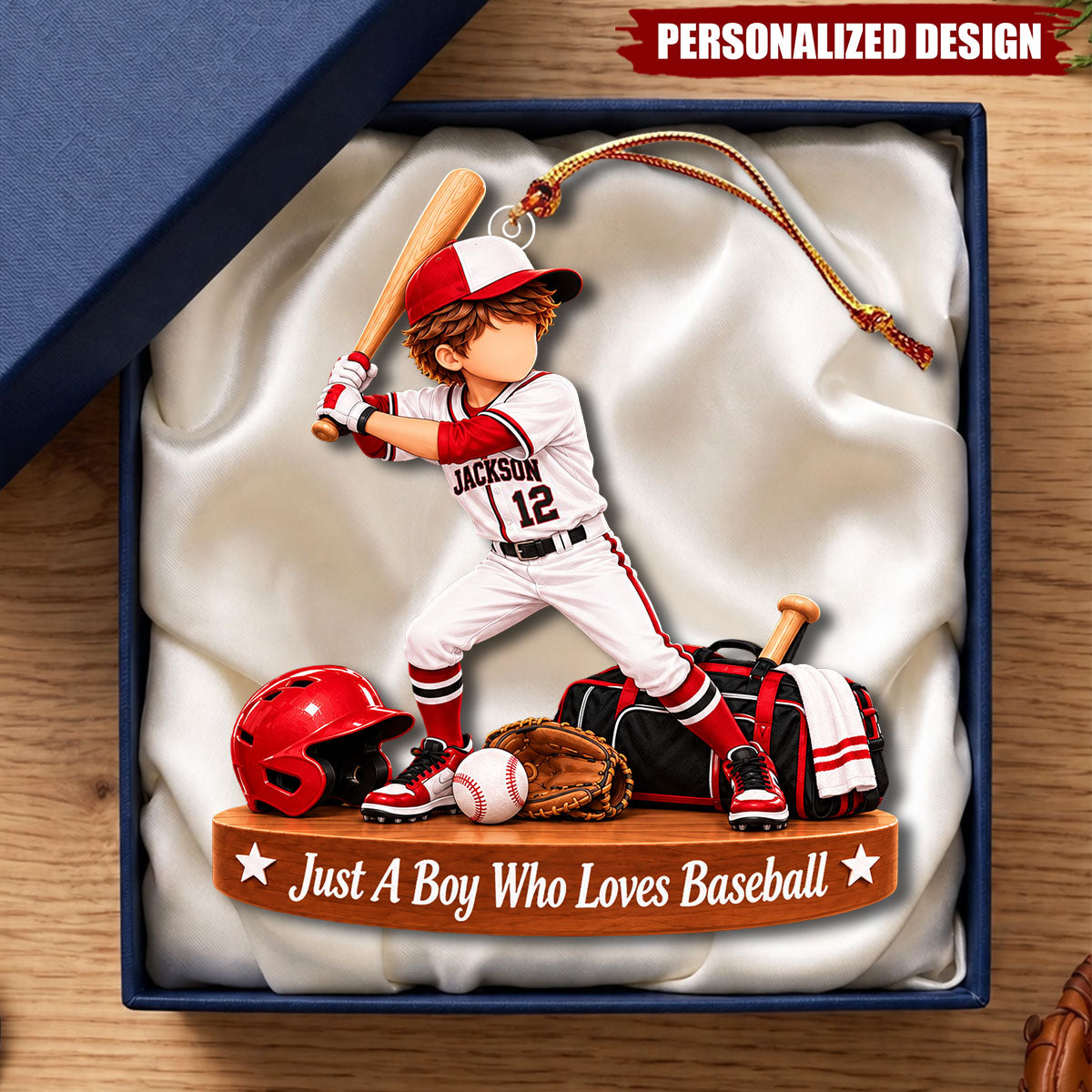 Personalized Young Baseball Player Acrylic Ornament - Custom Jersey Number Christmas Tree Decor