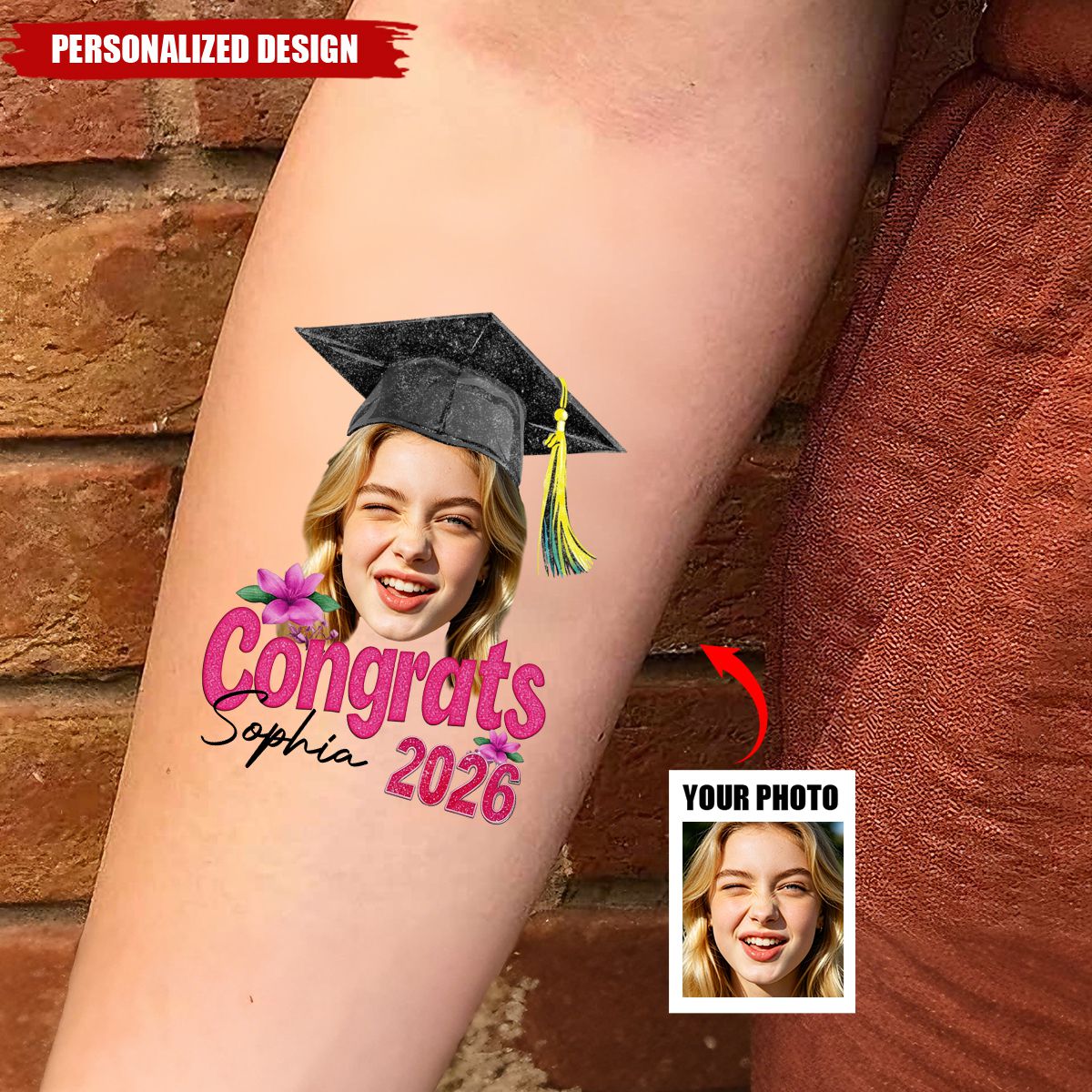 Personalized Graduation Face Temporary Tattoo - Congrats, Graduation Senior Tattoo Gift