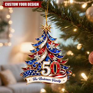 Personalized Patriotic USA Flag Christmas Tree Ornament Custom Family Name Year Acrylic Decor