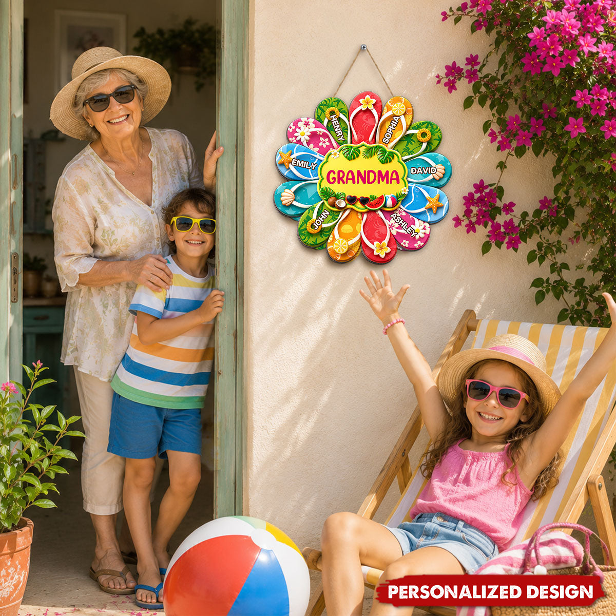 Personalized Grandma Summer Flip Flop Door Hanger - Custom Grandkids Name Tropical Wall Sign