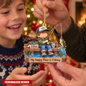 Personalized Fishing Boy Acrylic Christmas Ornament - Custom Name Fisherman Gift
