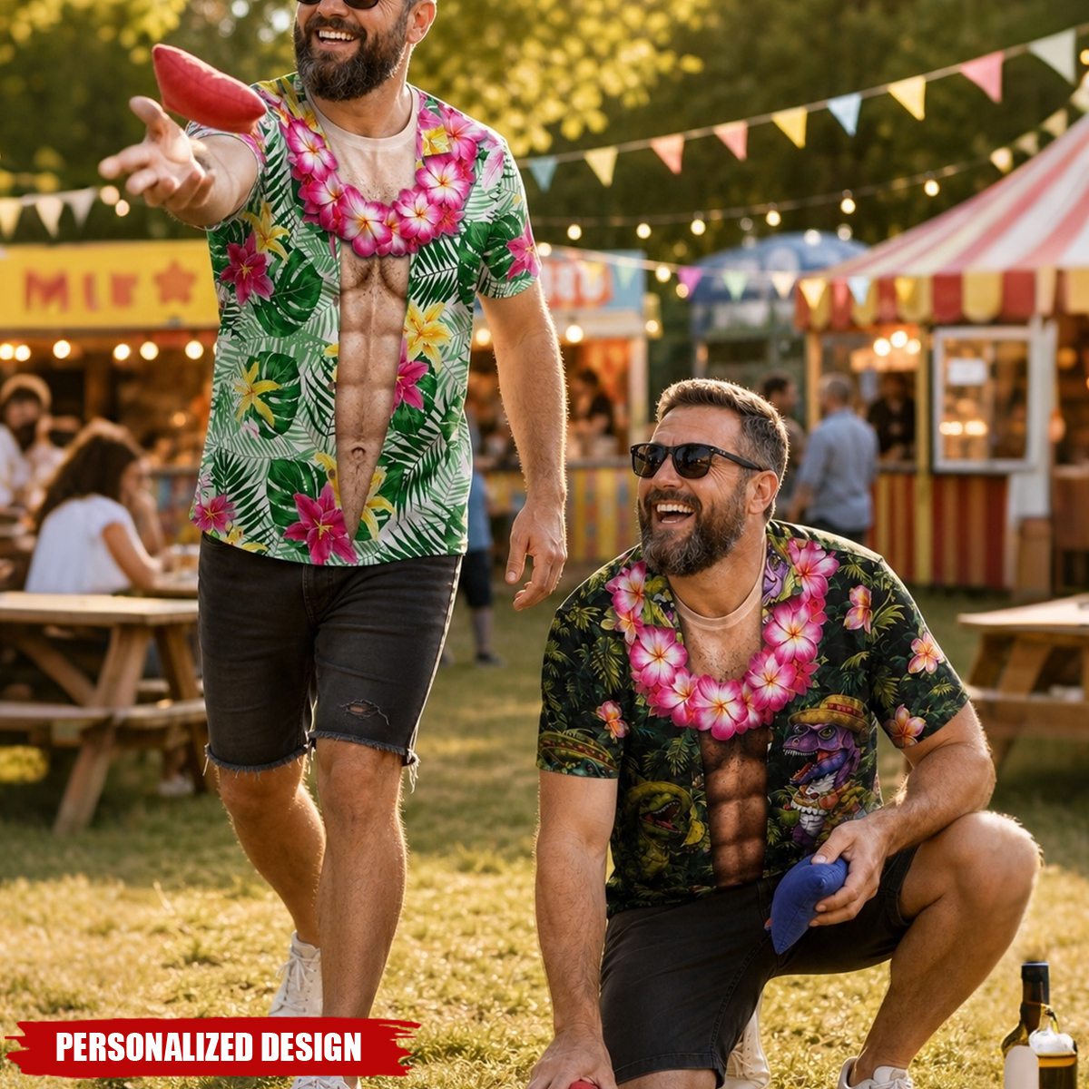 Personalized Optical Illusion Open Hawaiian Floral Shirt & Muscular Abs Men’s T-Shirt