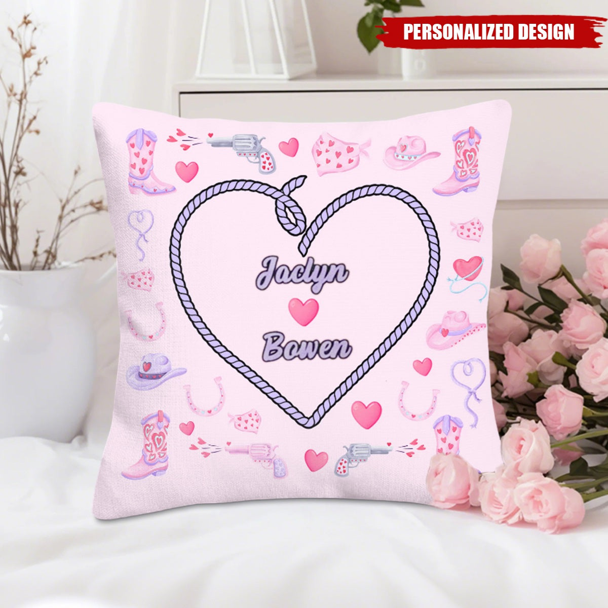 Personalized Cowgirl Heart Couple Pillow — Custom Name Valentine’s Decor