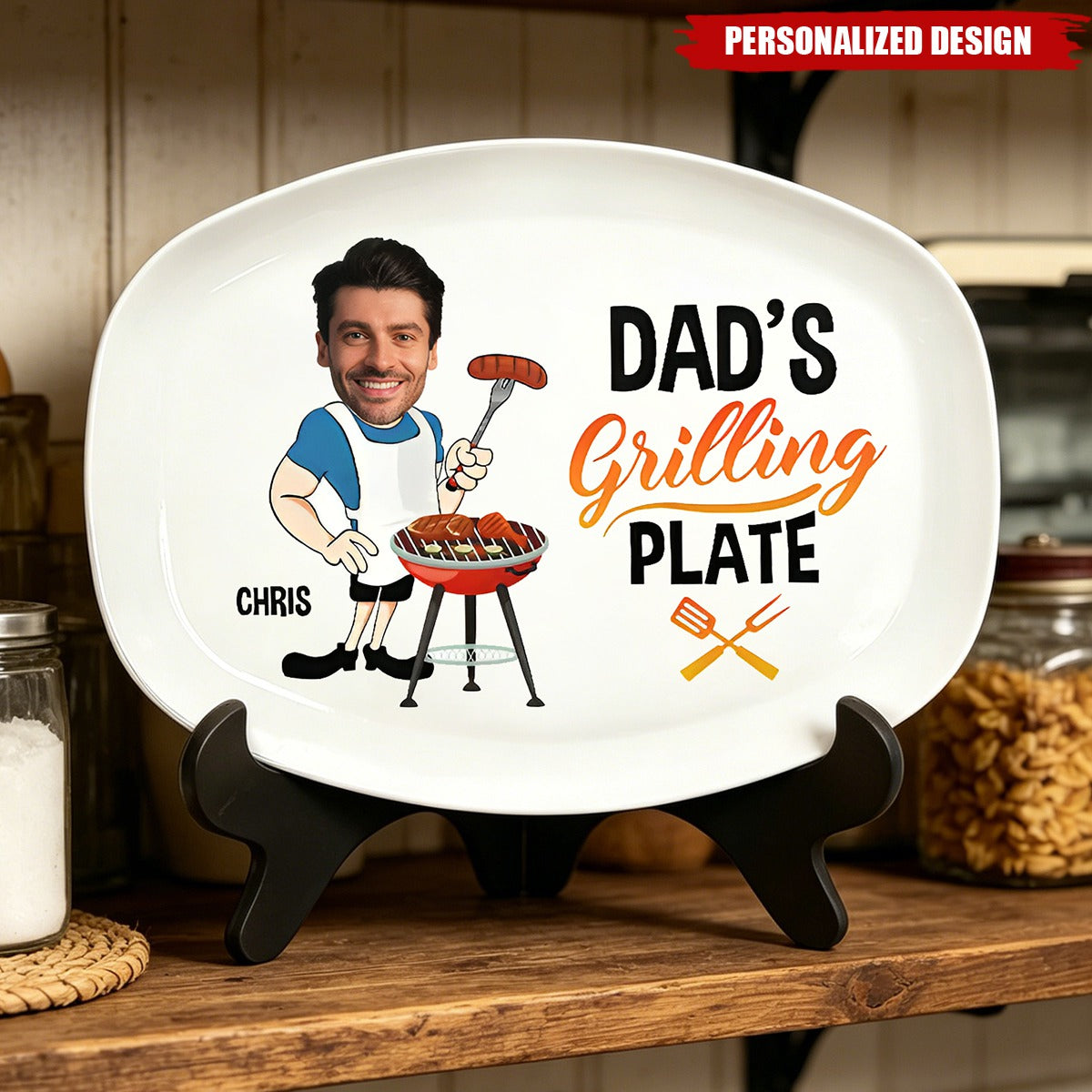 Personalized Grilling Plate, Custom Photo Cartoon BBQ Serving Platter -Gift for father，grandpa