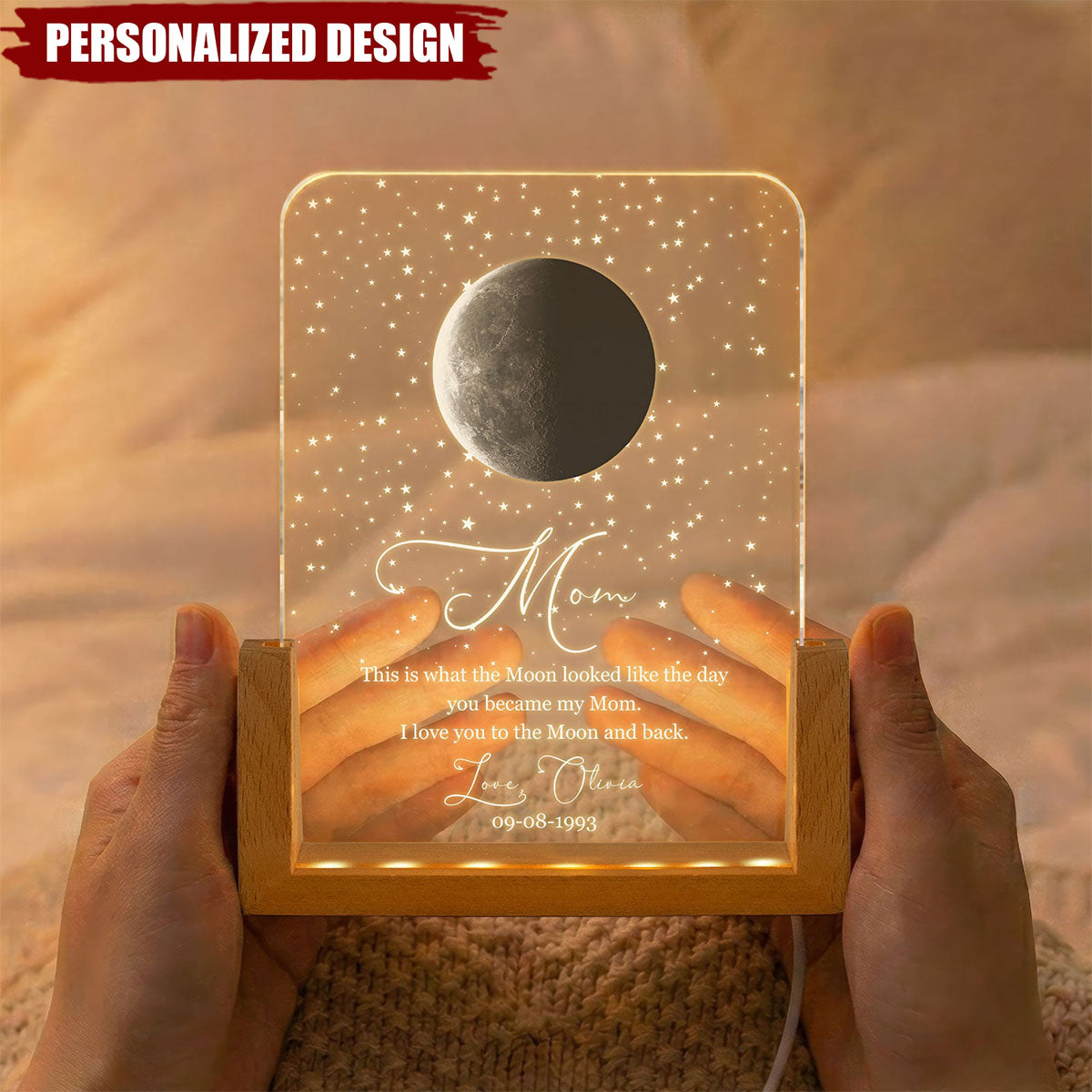 Personalized Moon Phase LED Night Light - Custom Mom Gift with Name & Date
