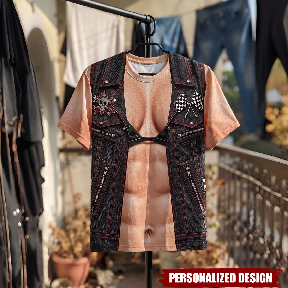 Personalized Punk Biker Optical Illusion Denim Sleeveless Vest Graphic Unisex T-Shirt