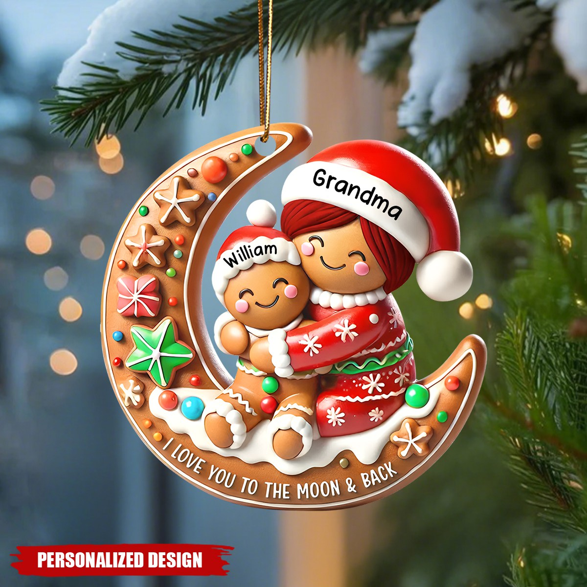 Personalized Gingerbread Moon Grandma and  Grandchild Christmas Acrylic Ornament