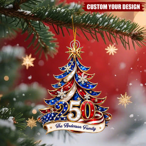 Personalized Patriotic USA Flag Christmas Tree Ornament Custom Family Name Year Acrylic Decor