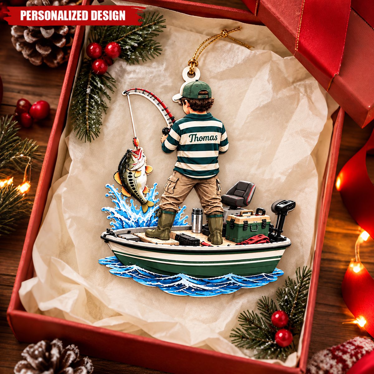 Personalized Boy Fishing On Boat Acrylic Christmas Ornament - Custom Name Fisherman Gift